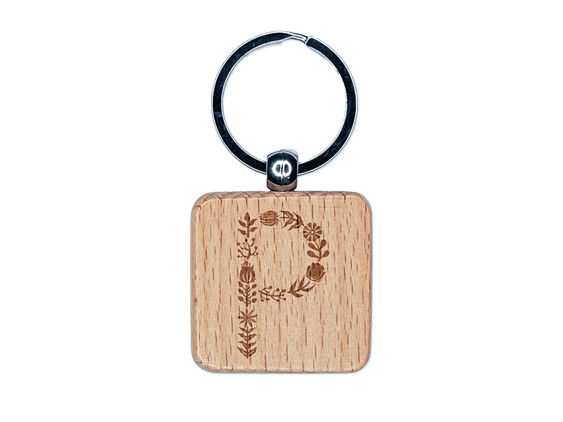 Elegant Botanical Floral Letter P Engraved Wood Square Keychain Tag Charm