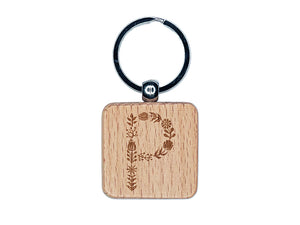 Elegant Botanical Floral Letter P Engraved Wood Square Keychain Tag Charm