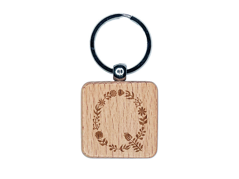 Elegant Botanical Floral Letter Q Engraved Wood Square Keychain Tag Charm