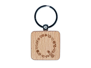 Elegant Botanical Floral Letter Q Engraved Wood Square Keychain Tag Charm
