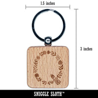 Elegant Botanical Floral Letter Q Engraved Wood Square Keychain Tag Charm