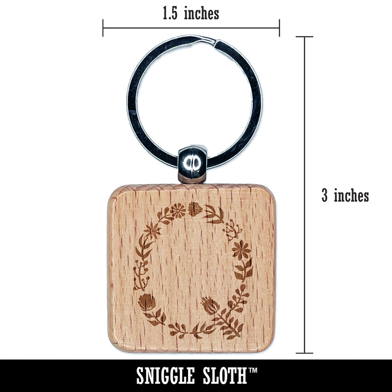 Elegant Botanical Floral Letter Q Engraved Wood Square Keychain Tag Charm