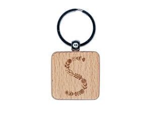 Elegant Botanical Floral Letter S Engraved Wood Square Keychain Tag Charm