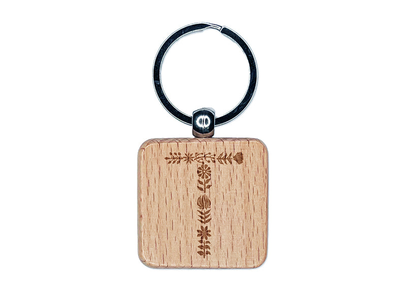 Elegant Botanical Floral Letter T Engraved Wood Square Keychain Tag Charm