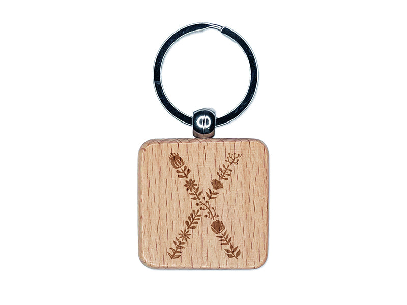 Elegant Botanical Floral Letter X Engraved Wood Square Keychain Tag Charm