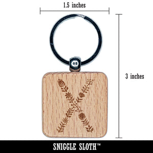 Elegant Botanical Floral Letter X Engraved Wood Square Keychain Tag Charm