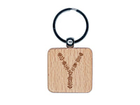 Elegant Botanical Floral Letter Y Engraved Wood Square Keychain Tag Charm