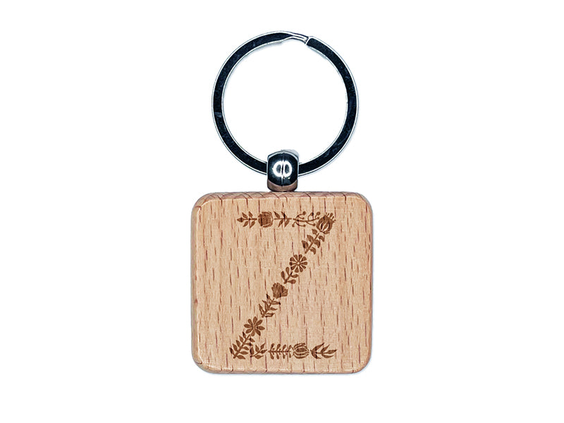 Elegant Botanical Floral Letter Z Engraved Wood Square Keychain Tag Charm