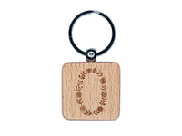 Elegant Botanical Floral Number 0 Engraved Wood Square Keychain Tag Charm