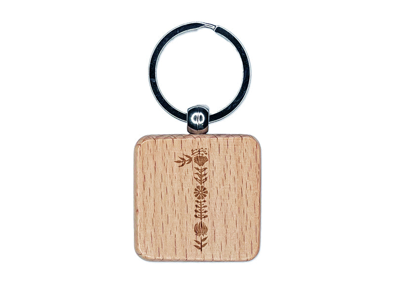 Elegant Botanical Floral Number 1 Engraved Wood Square Keychain Tag Charm