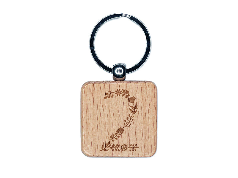 Elegant Botanical Floral Number 2 Engraved Wood Square Keychain Tag Charm