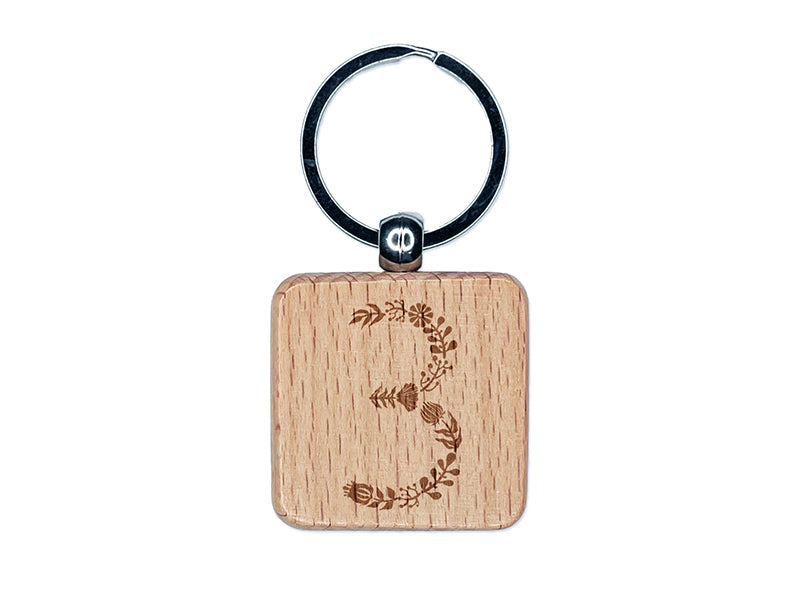 Elegant Botanical Floral Number 3 Engraved Wood Square Keychain Tag Charm