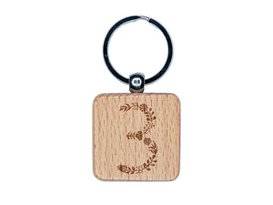 Elegant Botanical Floral Number 3 Engraved Wood Square Keychain Tag Charm