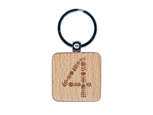 Elegant Botanical Floral Number 4 Engraved Wood Square Keychain Tag Charm