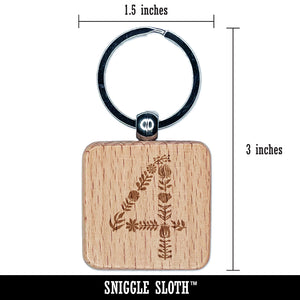 Elegant Botanical Floral Number 4 Engraved Wood Square Keychain Tag Charm