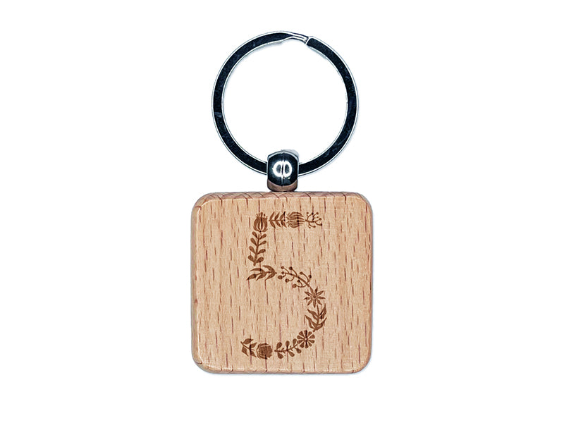 Elegant Botanical Floral Number 5 Engraved Wood Square Keychain Tag Charm