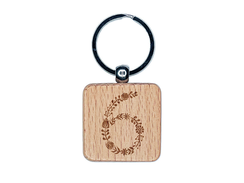 Elegant Botanical Floral Number 6 Engraved Wood Square Keychain Tag Charm