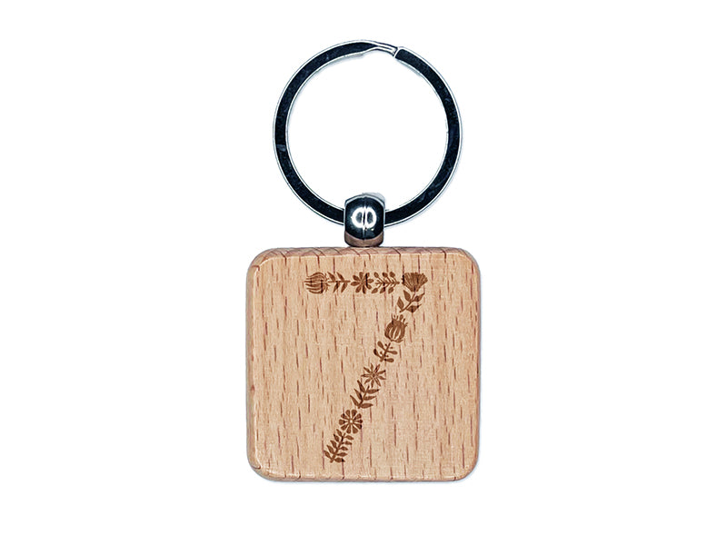 Elegant Botanical Floral Number 7 Engraved Wood Square Keychain Tag Charm