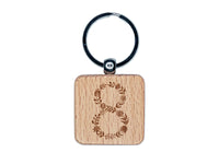 Elegant Botanical Floral Number 8 Engraved Wood Square Keychain Tag Charm