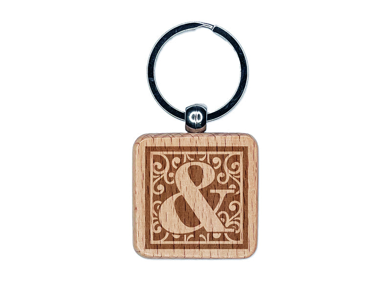Monogram Swirls Ampersand Engraved Wood Square Keychain Tag Charm