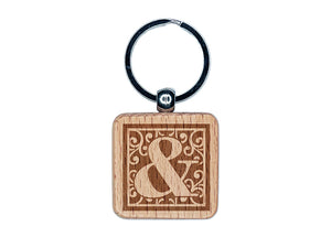 Monogram Swirls Ampersand Engraved Wood Square Keychain Tag Charm