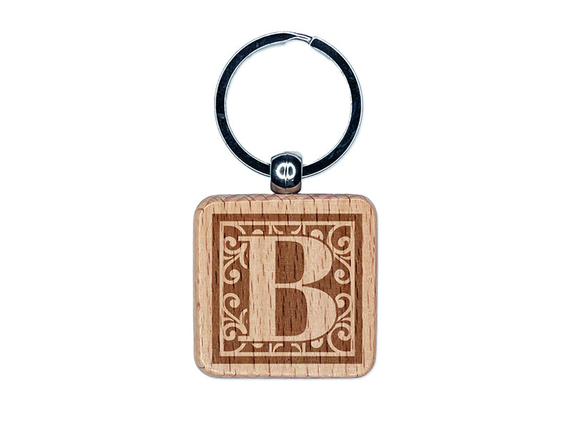 Monogram Swirls Capital Letter B Engraved Wood Square Keychain Tag Charm