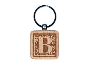 Monogram Swirls Capital Letter B Engraved Wood Square Keychain Tag Charm
