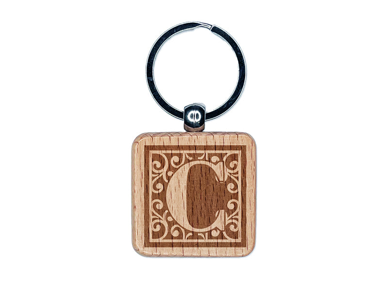 Monogram Swirls Capital Letter C Engraved Wood Square Keychain Tag Charm