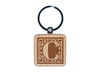 Monogram Swirls Capital Letter C Engraved Wood Square Keychain Tag Charm