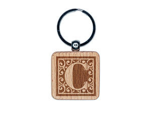 Monogram Swirls Capital Letter C Engraved Wood Square Keychain Tag Charm