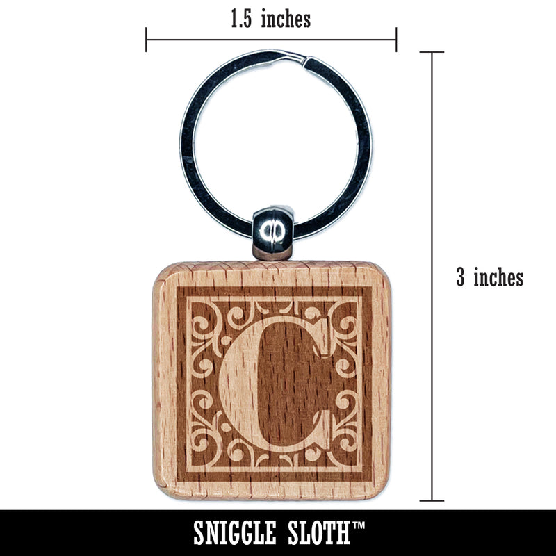 Monogram Swirls Capital Letter C Engraved Wood Square Keychain Tag Charm