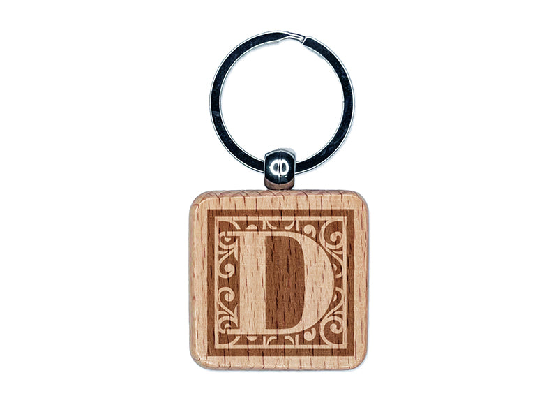 Monogram Swirls Capital Letter D Engraved Wood Square Keychain Tag Charm