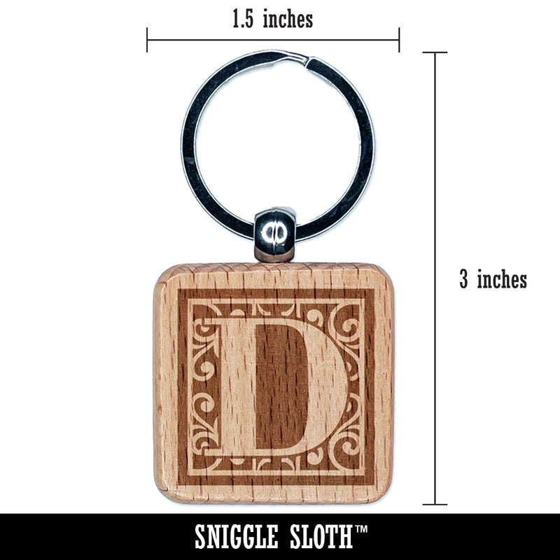 Monogram Swirls Capital Letter D Engraved Wood Square Keychain Tag Charm