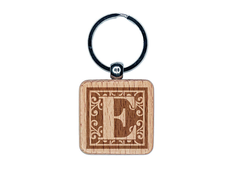 Monogram Swirls Capital Letter E Engraved Wood Square Keychain Tag Charm
