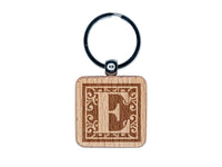 Monogram Swirls Capital Letter E Engraved Wood Square Keychain Tag Charm