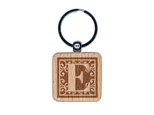 Monogram Swirls Capital Letter E Engraved Wood Square Keychain Tag Charm