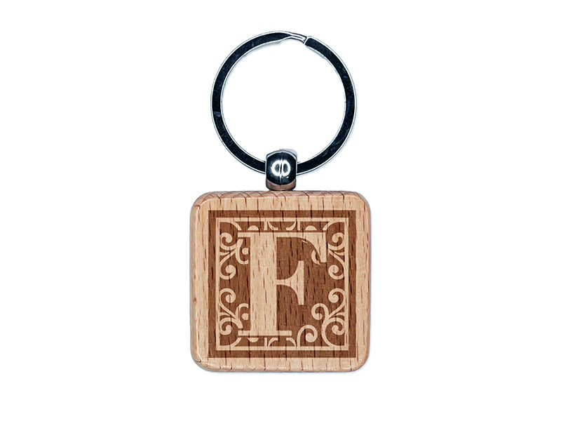 Monogram Swirls Capital Letter F Engraved Wood Square Keychain Tag Charm