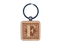 Monogram Swirls Capital Letter F Engraved Wood Square Keychain Tag Charm