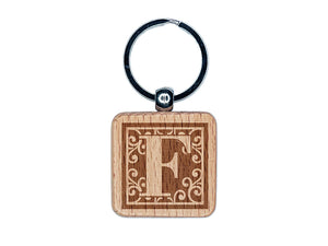 Monogram Swirls Capital Letter F Engraved Wood Square Keychain Tag Charm