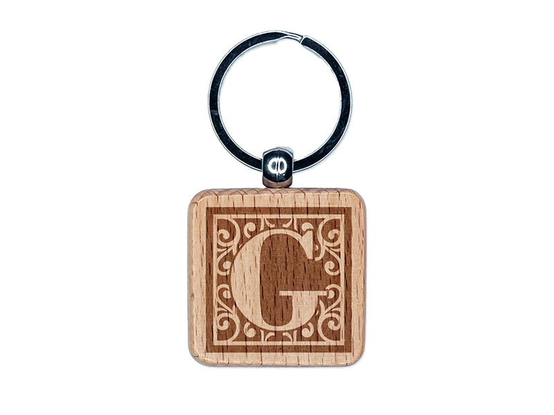 Monogram Swirls Capital Letter G Engraved Wood Square Keychain Tag Charm