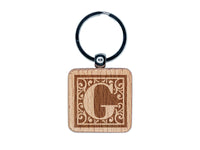 Monogram Swirls Capital Letter G Engraved Wood Square Keychain Tag Charm