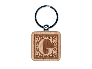 Monogram Swirls Capital Letter G Engraved Wood Square Keychain Tag Charm