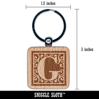 Monogram Swirls Capital Letter G Engraved Wood Square Keychain Tag Charm