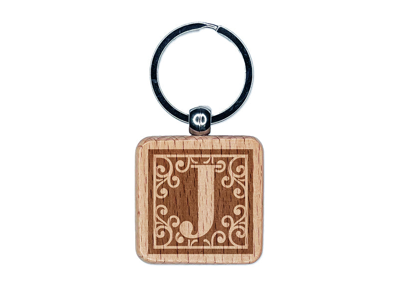 Monogram Swirls Capital Letter J Engraved Wood Square Keychain Tag Charm