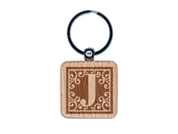 Monogram Swirls Capital Letter J Engraved Wood Square Keychain Tag Charm