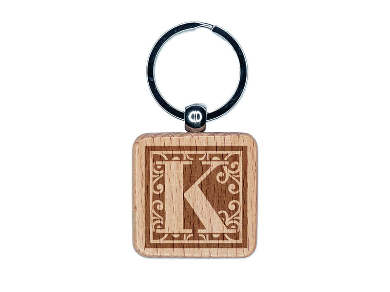 Monogram Swirls Capital Letter K Engraved Wood Square Keychain Tag Charm