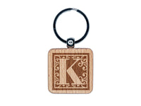 Monogram Swirls Capital Letter K Engraved Wood Square Keychain Tag Charm