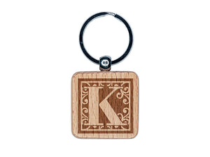 Monogram Swirls Capital Letter K Engraved Wood Square Keychain Tag Charm