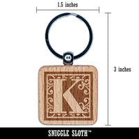 Monogram Swirls Capital Letter K Engraved Wood Square Keychain Tag Charm