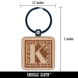 Monogram Swirls Capital Letter K Engraved Wood Square Keychain Tag Charm